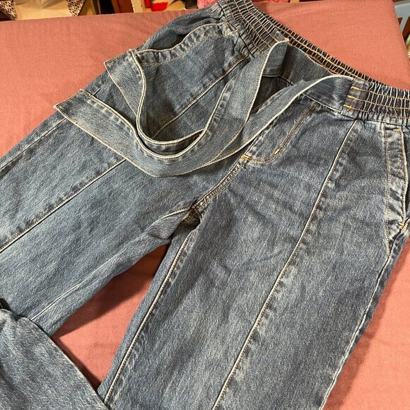 American Eagle Tie Belt Blue Jeans Elastic waist and on Bottom Of Legs - Size XS - Picture 2 of 8